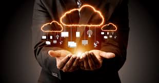 man with palms out displaying cloud computing 